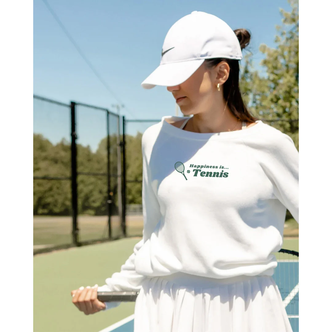 Happiness is... Women's Tennis Racquet Crew Sweatshirt - White - Image 2