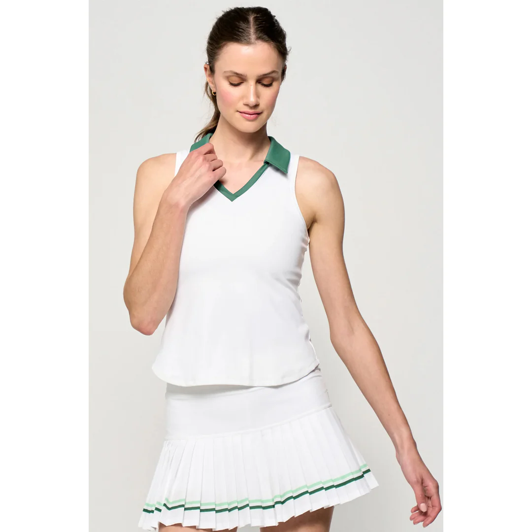 Lija Women's Holiday 25' Pique V Neck Tank - White/Fern - Image 3
